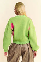 Green and pink flower contrast round neck long sleeve cardigan sweater
