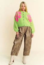 Green and pink flower contrast round neck long sleeve cardigan sweater