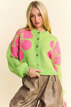 Green and pink flower contrast round neck long sleeve cardigan sweater