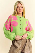 Green floral long sleeve cardigan with pink flower contrast round neck