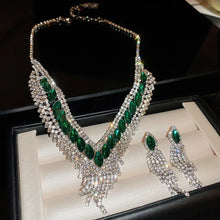 Green and Silver Rhinestone Jewelry Set Necklace and Earrings