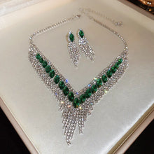 Green and Silver Rhinestone Jewelry Set Necklace and Earrings Dark Green One Size