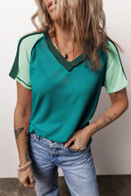 Green and Teal Two Tone Ribbed V Neck Knit Top for Women Turquoise