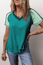 Green and Teal Two Tone Ribbed V Neck Knit Top for Women