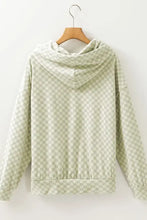 Green and white checkered cotton hoodie with drawstring, pockets, hood, long sleeves, and ribbed cuffs