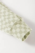 Sage green and white checkered cotton oven mitt with drawstring and pockets