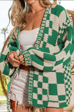 Green and white checkered long sleeve cardigan with fringe trim