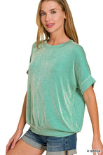 Green and White Corded Rib Short Sleeve Blouse for Women K GREEN