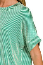 Green and White Corded Rib Short Sleeve Blouse for Women