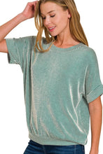 Green and White Corded Rib Short Sleeve T-Shirt for Women DK GREEN