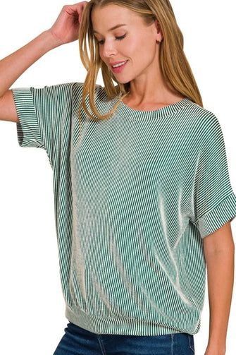 Green and White Corded Rib Short Sleeve T-Shirt for Women DK GREEN