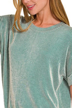 Green and White Corded Rib Short Sleeve T-Shirt for Women