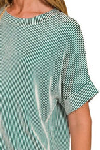 Green and White Corded Rib Short Sleeve T-Shirt for Women