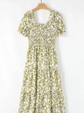 Green and White Floral Tiered Midi Dress Casual Dresses