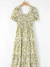 Green and White Floral Tiered Midi Dress Casual Dresses