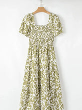 Green and White Floral Tiered Midi Dress Casual Dresses