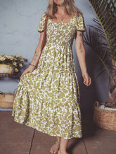 Green and White Floral Tiered Midi Dress