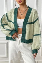 Green and white striped long sleeve cardigan with balloon sleeves, machine washable