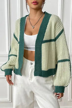 Cream and green striped long sleeve cardigan with balloon sleeves, machine washable
