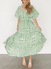 Green and White Patterned Ruched Maxi Dress