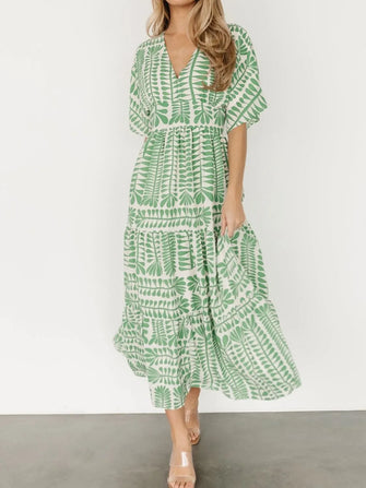 Green and White Patterned Ruched Maxi Dress Light Green