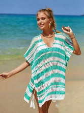 White Striped Crochet Beach Cover Up in Green and White Swimwear Cover-Ups