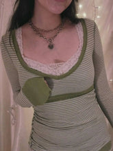 Green and White Striped Long Sleeve Cotton Blend Top for Women Matcha Green