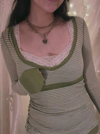 Green and White Striped Long Sleeve Cotton Blend Top for Women Matcha Green