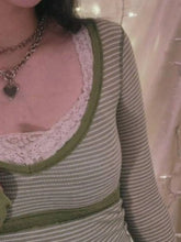 Green and White Striped Long Sleeve Cotton Blend Top for Women