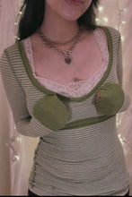 Green and White Striped Long Sleeve Cotton Blend Top for Women