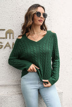 Green Cable Knit Cold Shoulder Sweater with Long Sleeves Dark Green