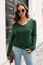 Green Cable Knit Cold Shoulder Sweater with Long Sleeves Sweater Pullovers