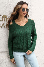 Green Cable Knit Cold Shoulder Sweater with Long Sleeves