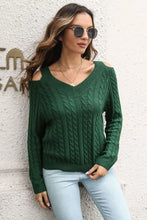 Green Cable Knit Cold Shoulder Sweater with Long Sleeves Sweater Pullovers