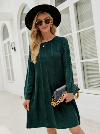 Green Cable Knit Long Sleeve Sweater Dress for Women Black Forest