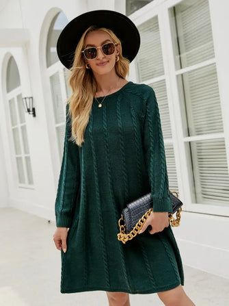 Green Cable Knit Long Sleeve Sweater Dress for Women Black Forest Woman Sweater Dresses