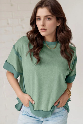 Green Color Block Oversized T Shirt for Women Sage