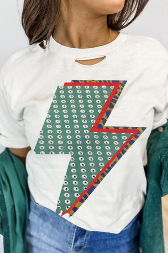 White lightning bolt T-shirt featured with a green corduroy shirt and jacket set