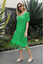Green Knit Crochet Fringe Cover Up Dress for Women