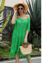 Green Knit Crochet Fringe Cover Up Dress for Women Green One Size