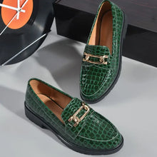 Green Crocodile Pattern Loafers with Gold Chain Detail for Women Woman Loafers