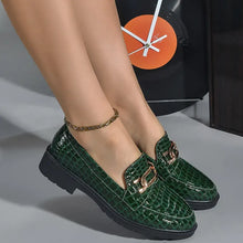 Green Crocodile Pattern Loafers with Gold Chain Detail for Women Woman Loafers