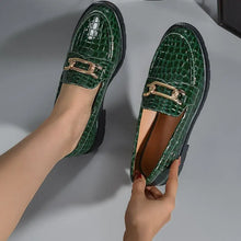 Green Crocodile Pattern Loafers with Gold Chain Detail for Women Dark Green Woman Loafers