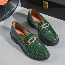 Green Crocodile Pattern Loafers with Gold Chain Detail for Women Woman Loafers