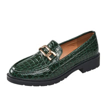 Green Crocodile Pattern Loafers with Gold Chain Detail for Women Woman Loafers