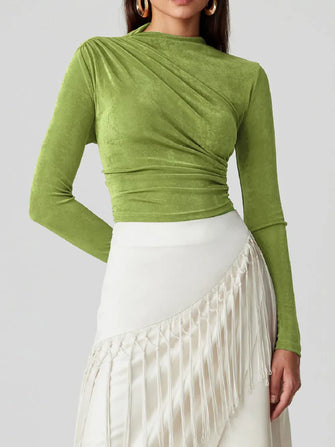Green Draped Long Sleeve Top with White Fringed Skirt Green