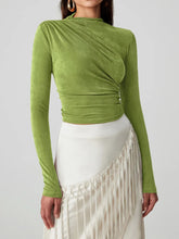 Green Draped Long Sleeve Top with White Fringed Skirt