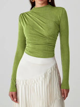 Green Draped Long Sleeve Top with White Fringed Skirt