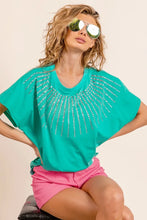 Green Embellished T Shirt with Rhinestone Bead Sleeve Detail JADE