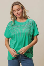 Green Embellished T Shirt with Rhinestone Bead Sleeve Detail